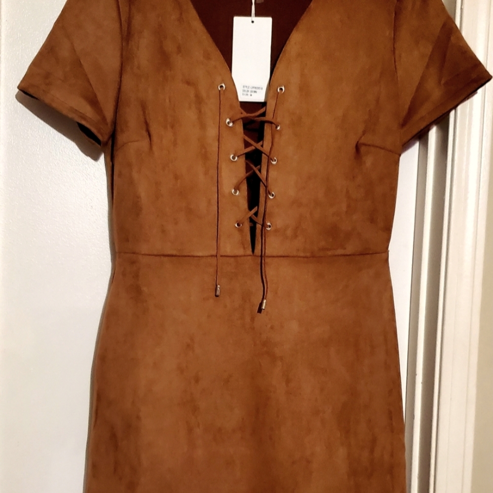 Sexy Suade above the knee dress, lace up v-neck, side zipper.